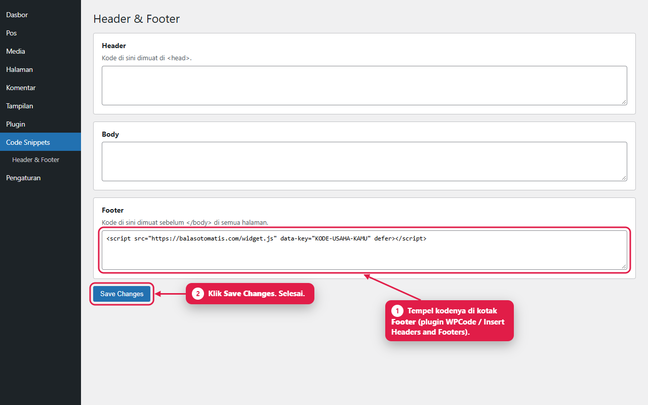 Ilustrasi WordPress: kotak Footer di plugin WPCode diisi kode Balas Otomatis, lalu Save Changes