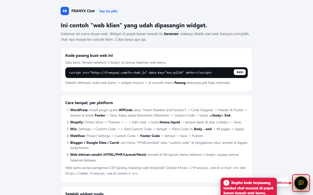 Tombol chat Balas Otomatis muncul di pojok kanan bawah website