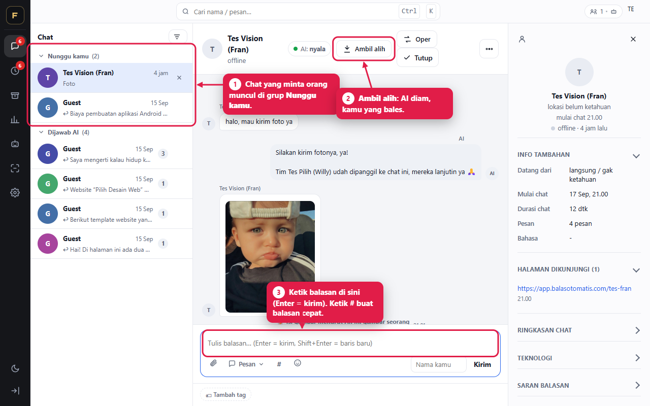 Console Balas Otomatis: daftar chat Nunggu kamu, tombol Ambil alih, kotak balasan